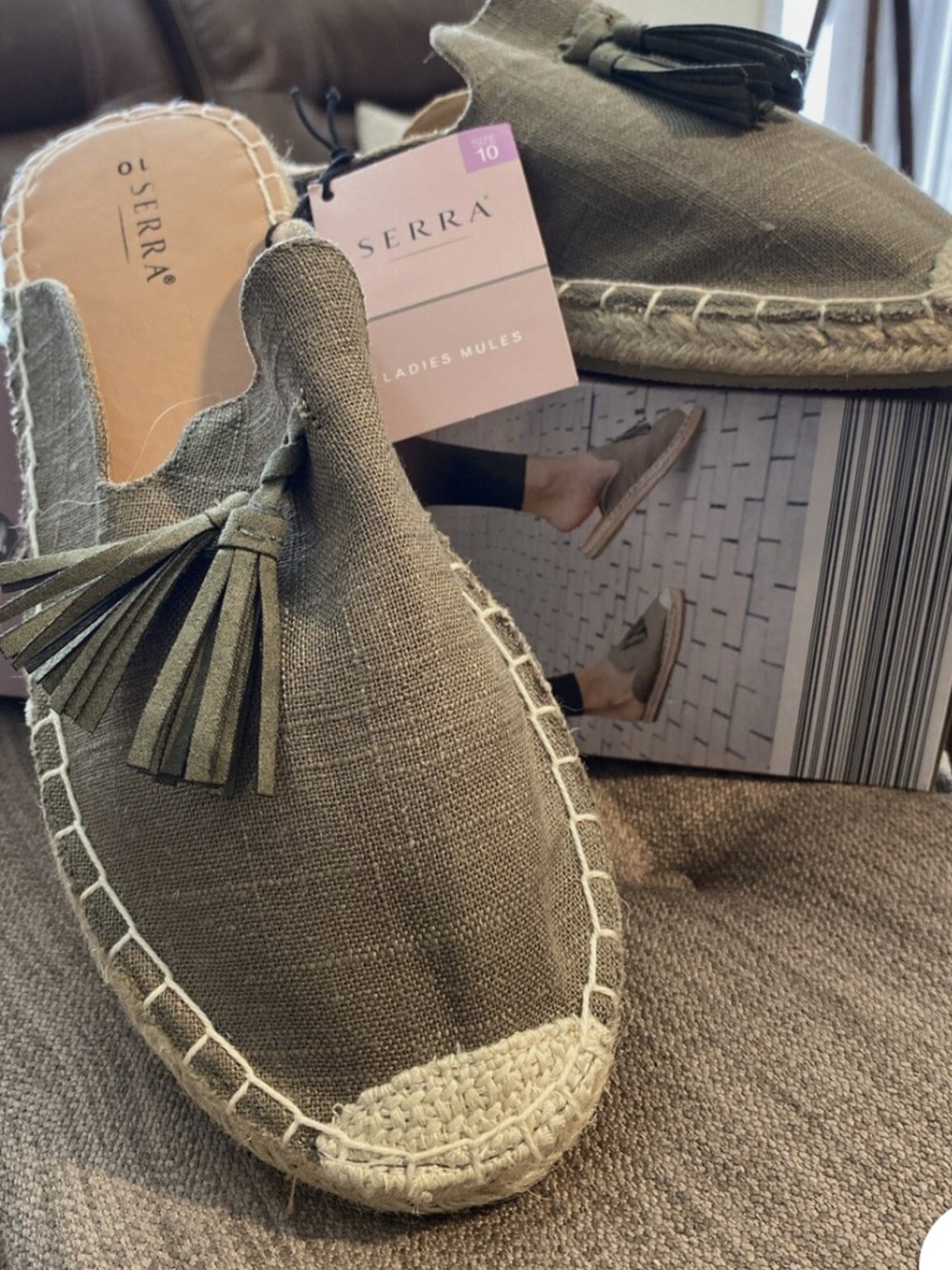 Serra Womens Boho Espadrilles Olive Green Canvas Slip-on Mules/Tassels Sz 10